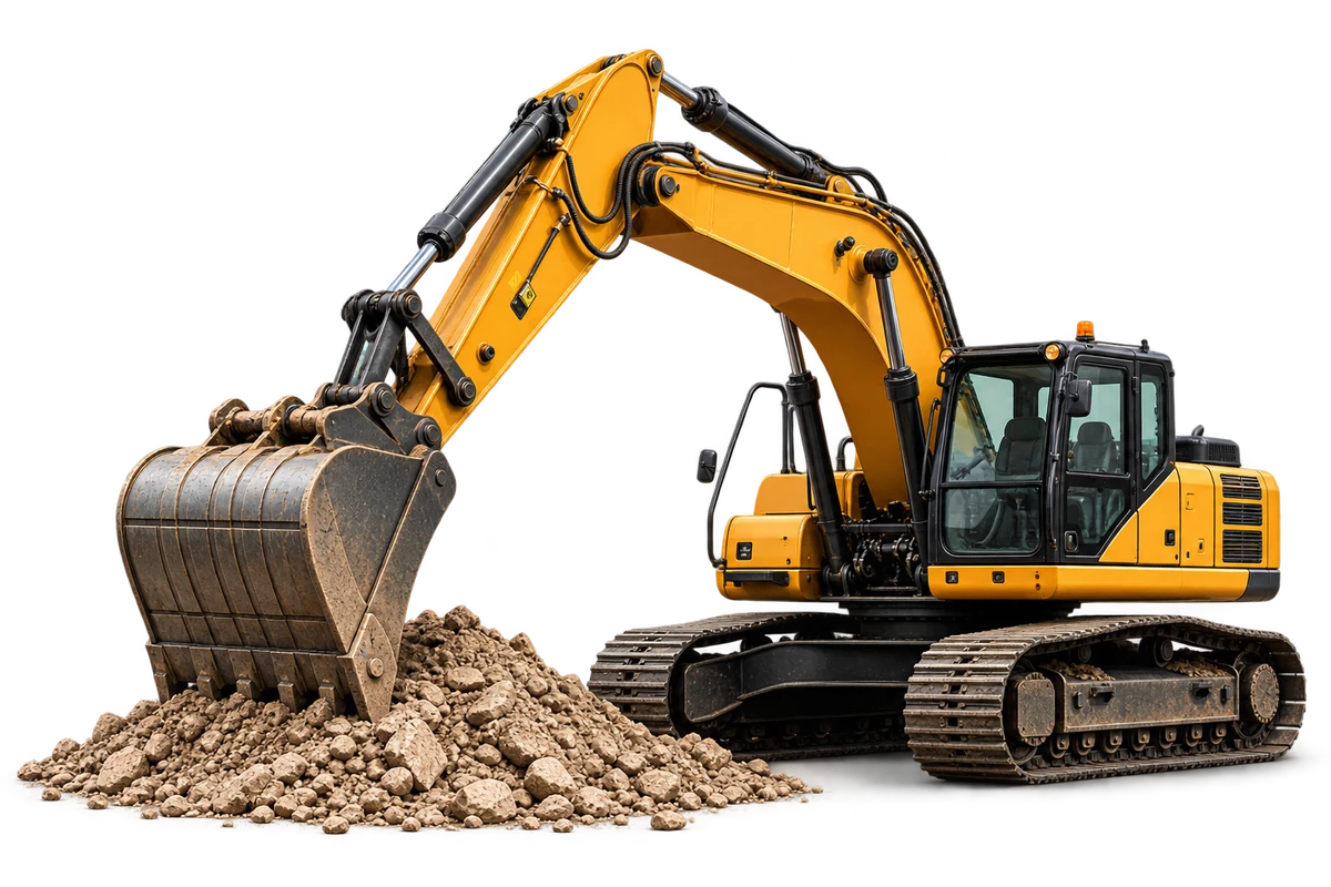 Excavator pe șenile, cu cupa lângă o grămadă de pietriș